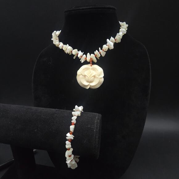 925 HK Mother of Pearl Red Carnelian Carved Flower Necklace Bracelet Set - Picture 1 of 12